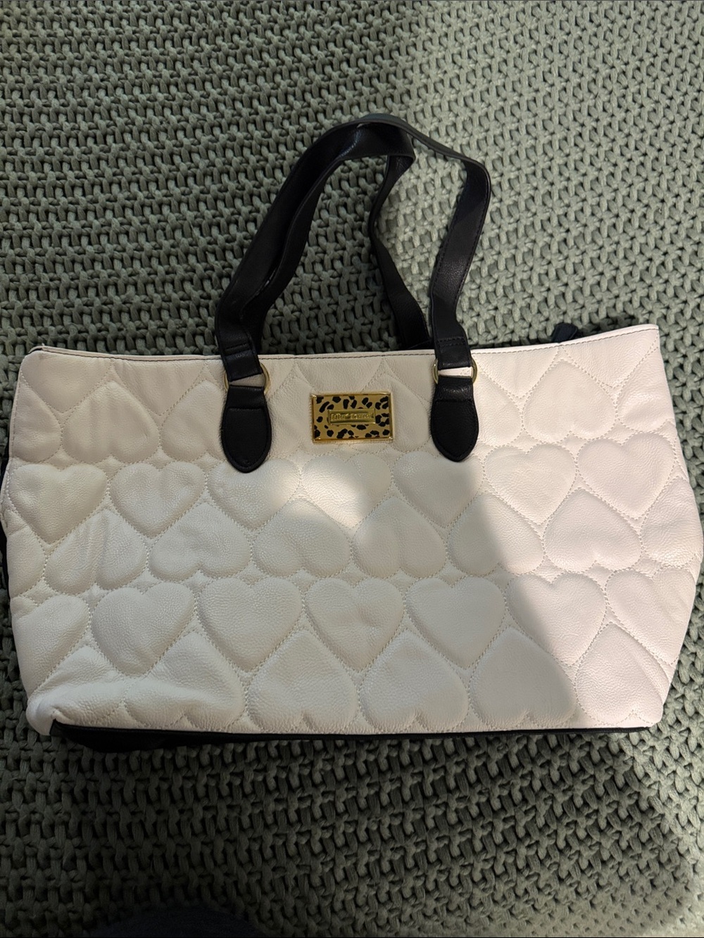 Betsey Johnson White Quilted Heart Tote with Black Handles